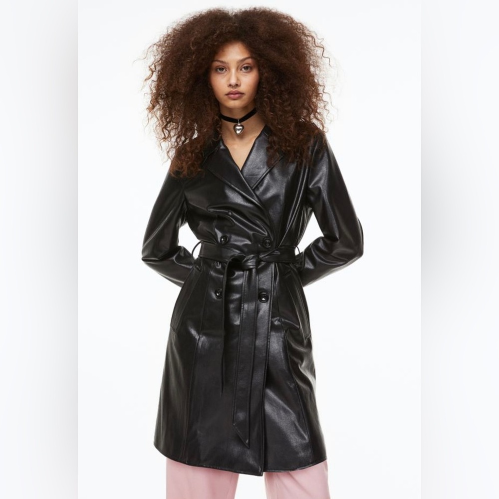 H&M Black Leather Double Breasted Belted Trench Coat Womens Size XS